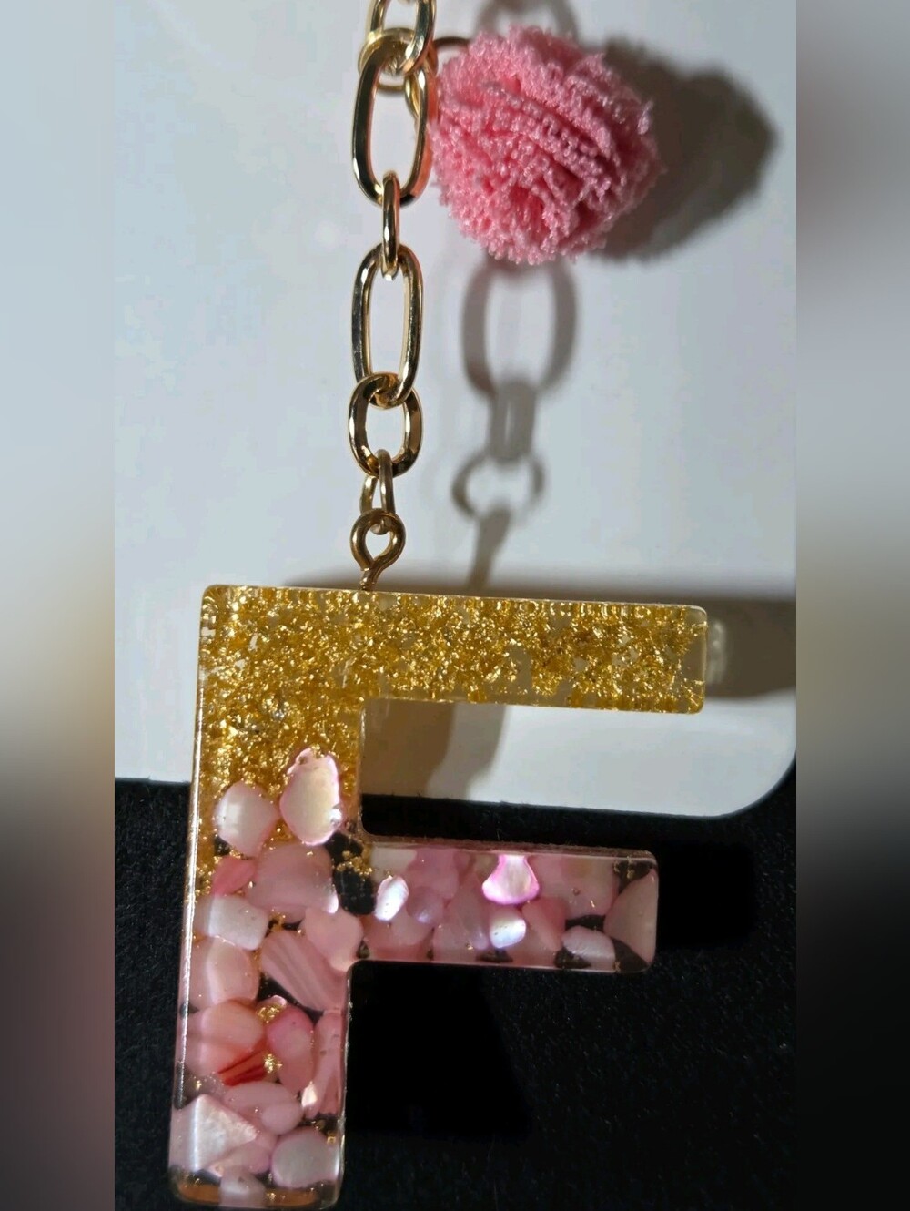 Gold and Pink 'F' Initial Resin Keychain Charm